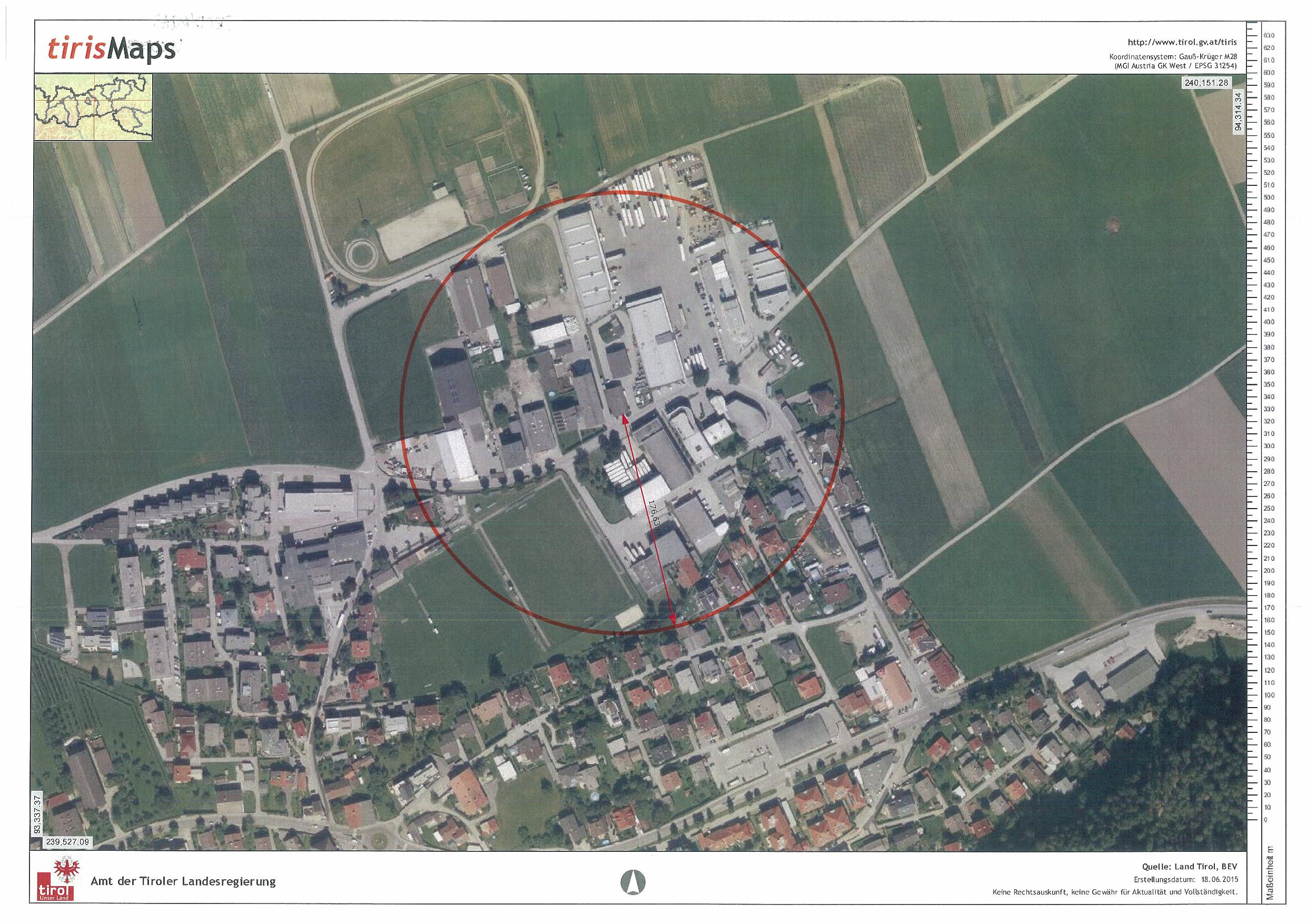 Gfährdungszone des Seveso-Betriebs Propangas in Volders
