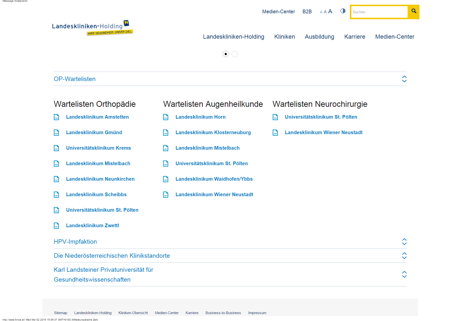 Ausschnitt der Homepage der Niederösterreichischen Landeskliniken